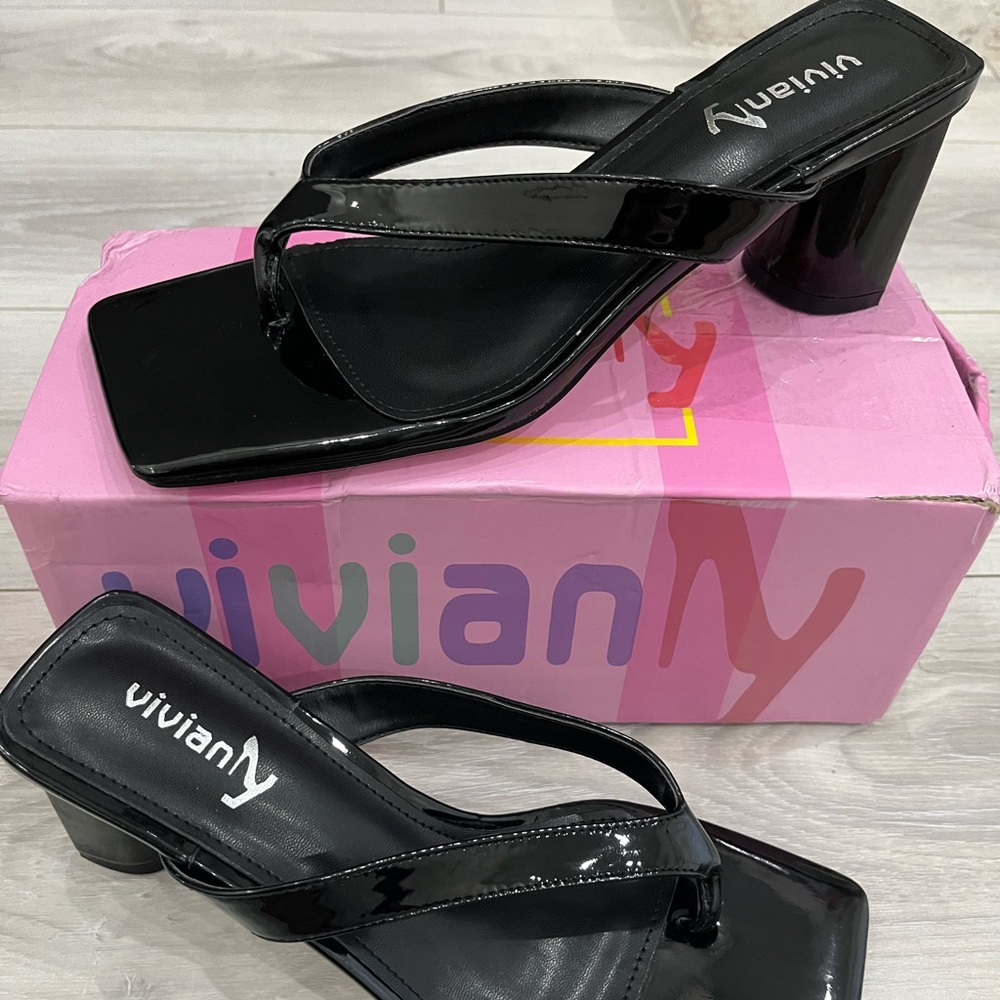 Vivianly Black Square Toe Sandal